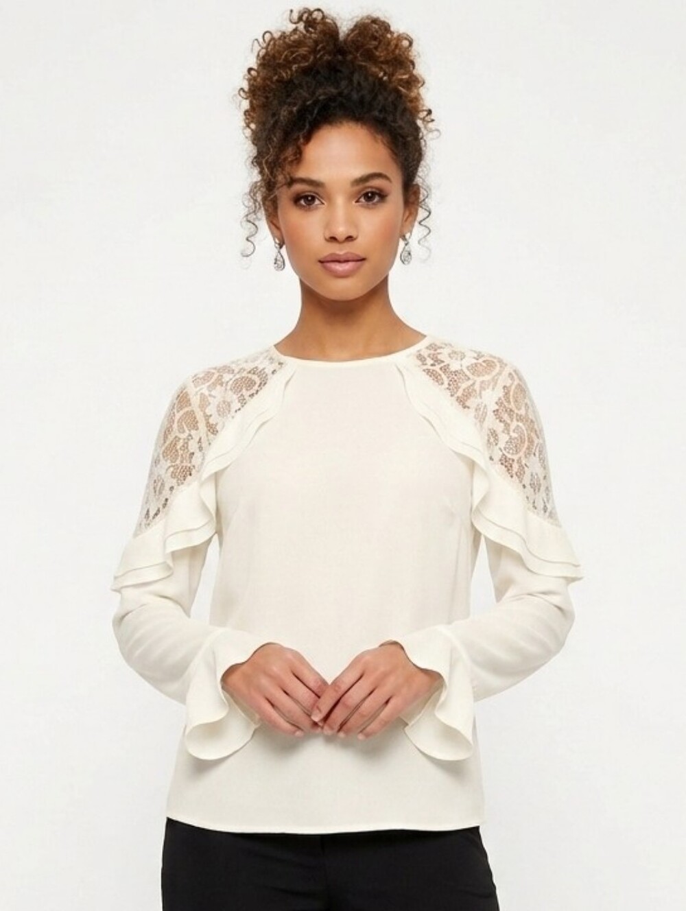Lipsy London Ruffle Lace Blouse Embellished Long Sleeve Off White 4